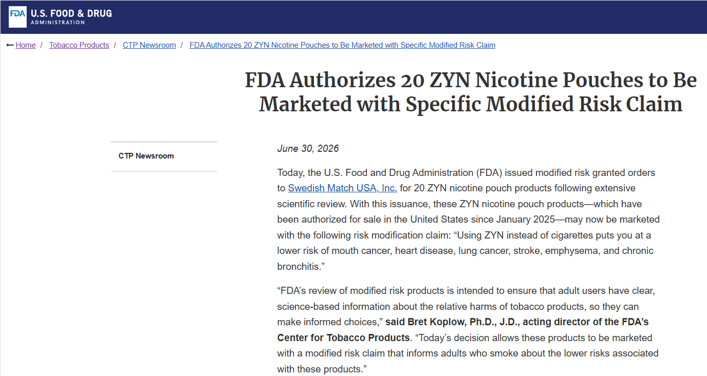 美国FDA授权20款ZYN尼古丁袋产品MRTP许可